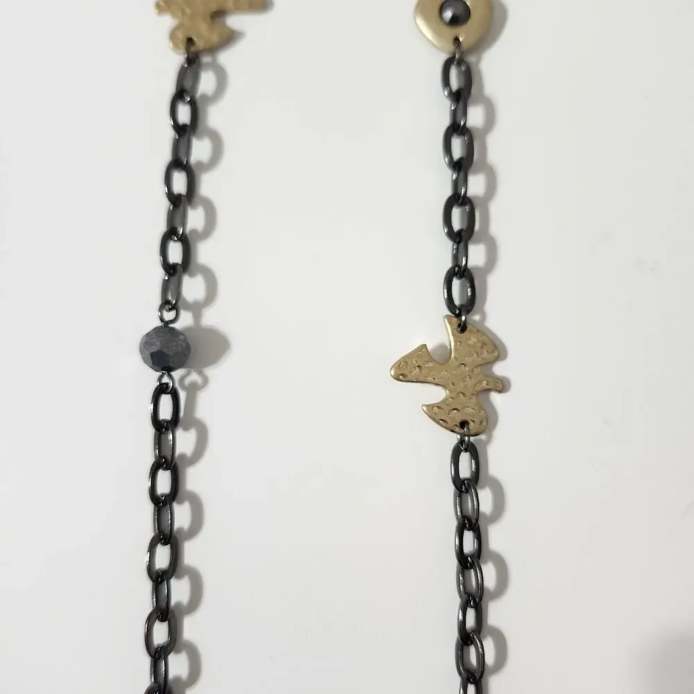 Lia Sophia Gold Tone Gun Metal Gray Long Necklace Dove Beaded Chain Ringlet